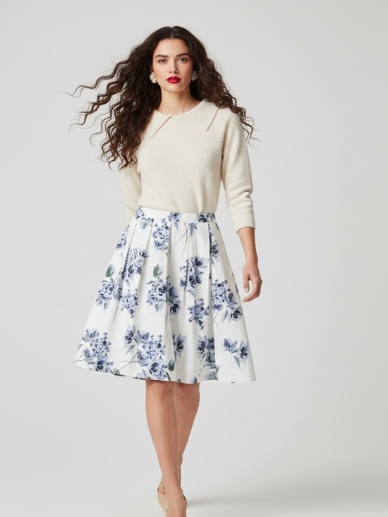 le chateau Dresses & Skirts - Le Chateau Floral A-Line Pleated Skirt - Blue & White - Size 16